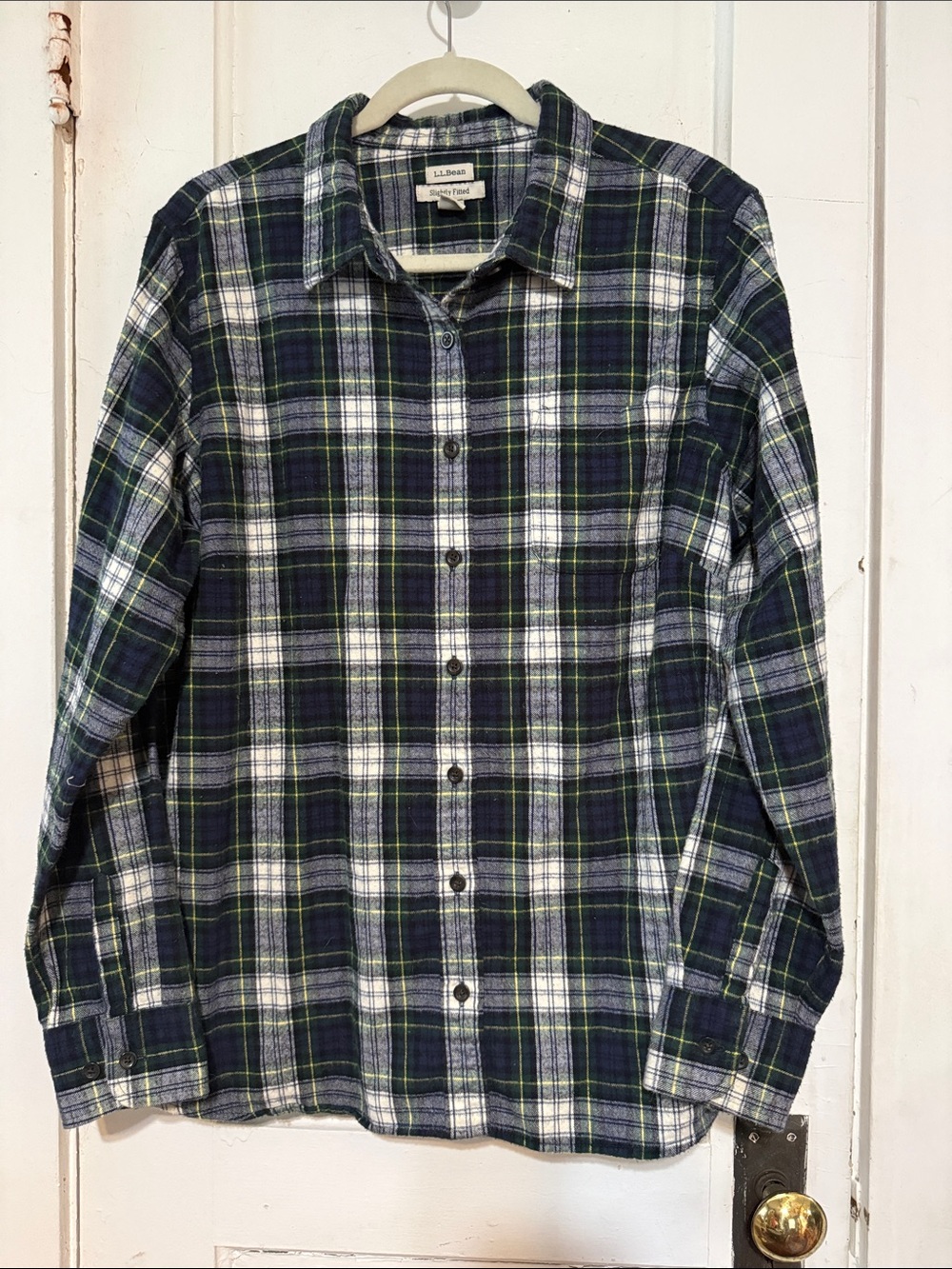 L.L. Bean Navy, Green & White Plaid Button-Down Shirt